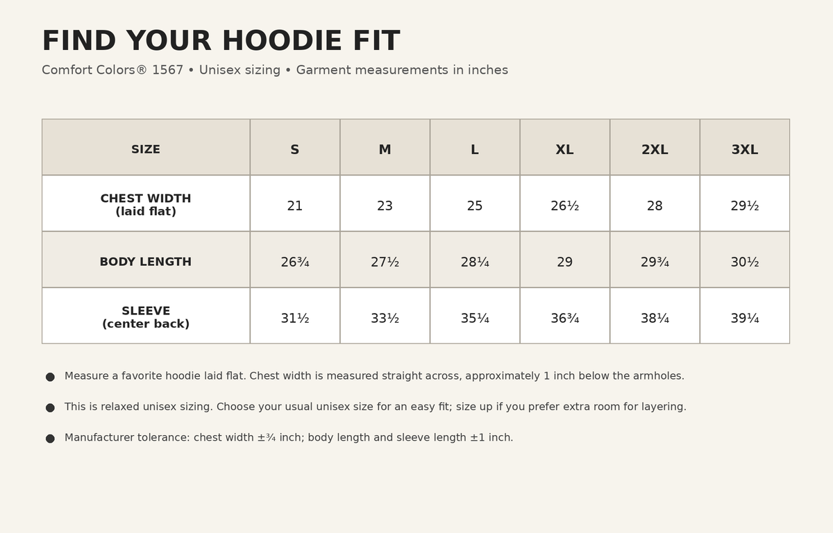 Comfort Colors 1567 hoodie size chart