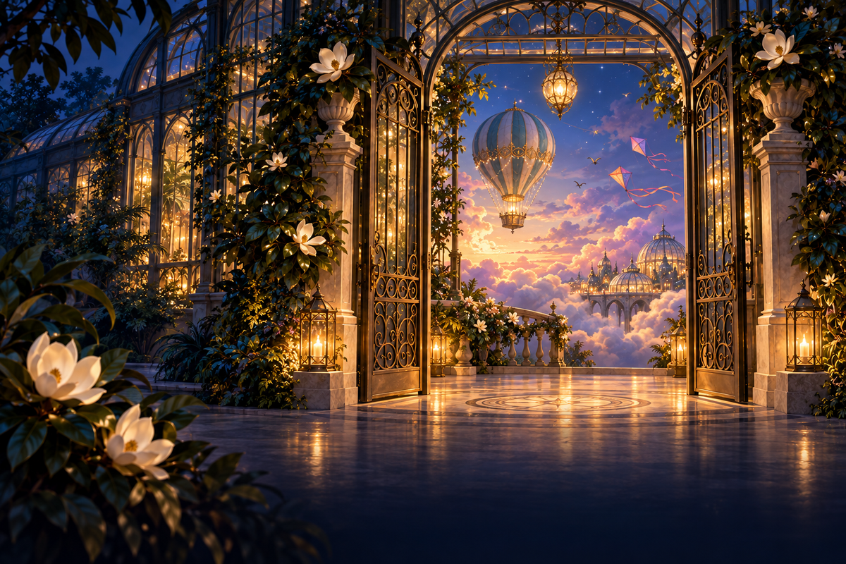 Whimsy — a conservatory doorway opening onto clouds, balloons, and kites