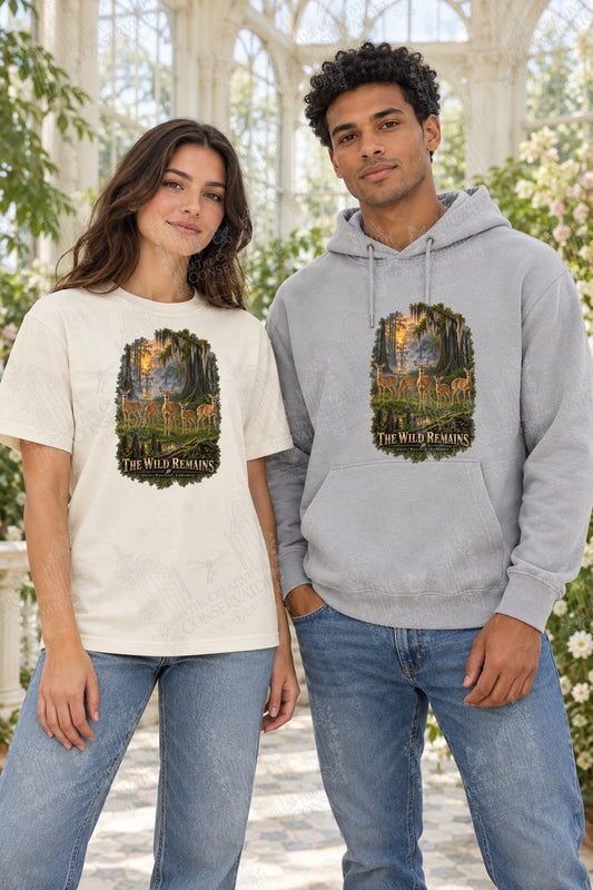 The Wild Remains front-print Comfort Colors T-shirt and hoodie mockup with Wondergate watermark; faint diagonal Wondergate watermark across the entire image