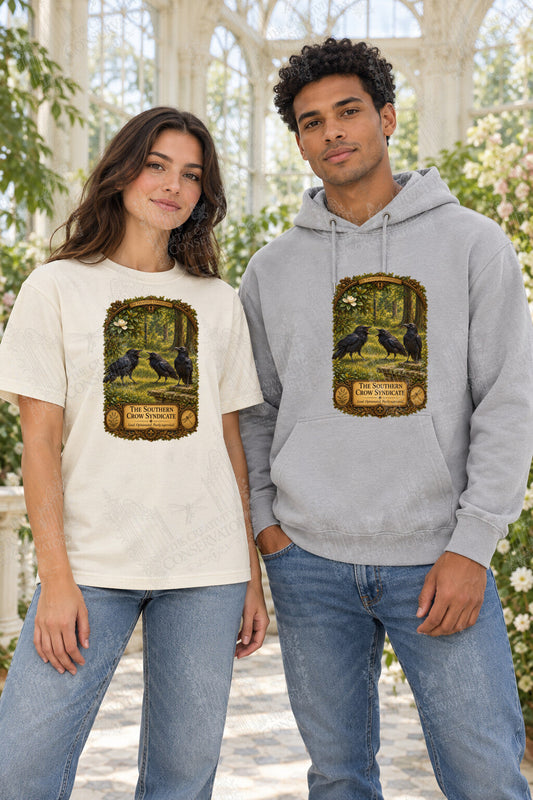 The Southern Crow Syndicate front-print Comfort Colors T-shirt and hoodie mockup with Wondergate watermark; faint diagonal Wondergate watermark across the entire image