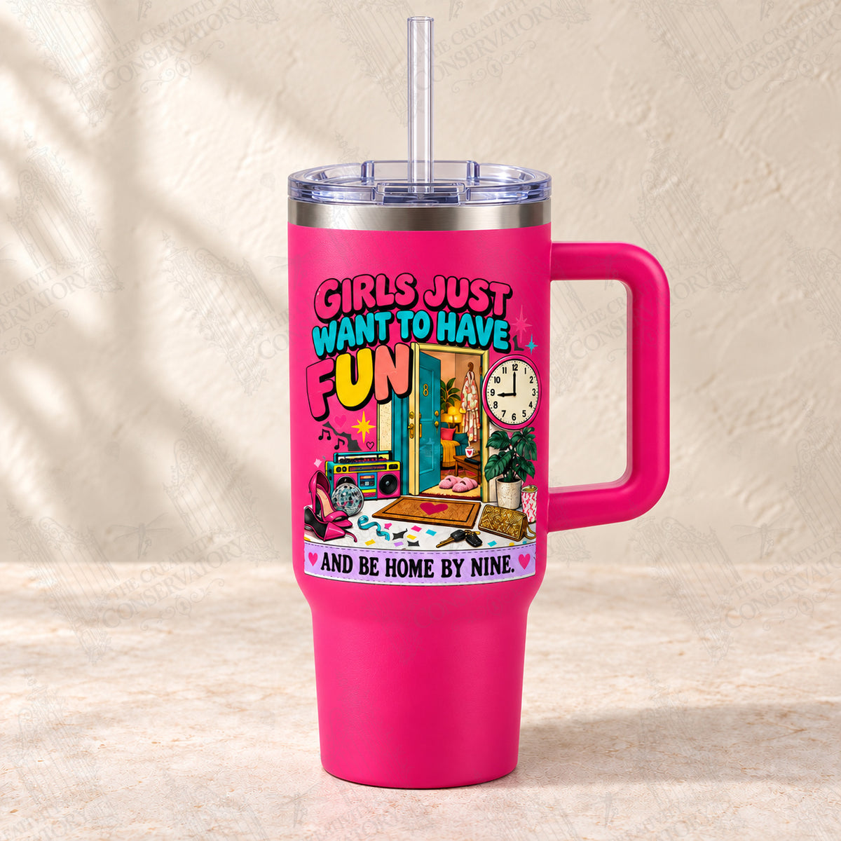 Girls Just Want to Have Fun—and Be Home by Nine on hot-pink 30-ounce Big Swig with clear reusable straw; faint diagonal Wondergate watermark across the entire image