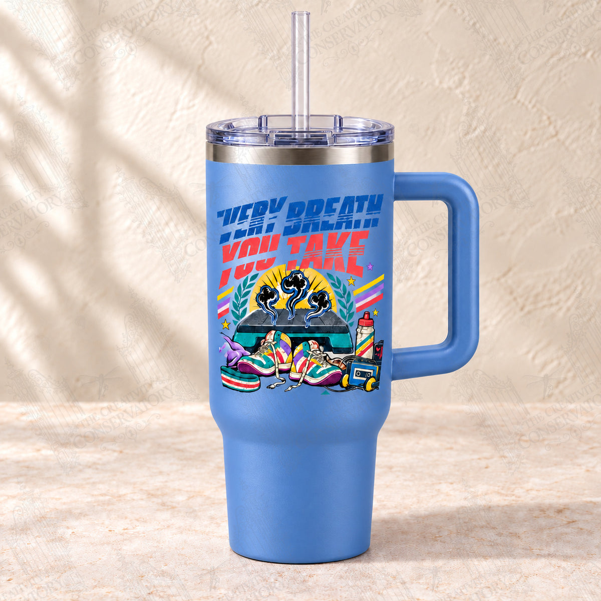 Every Breath You Take Counts as Cardio on steel-blue 30-ounce Big Swig with clear reusable straw; faint diagonal Wondergate watermark across the entire image