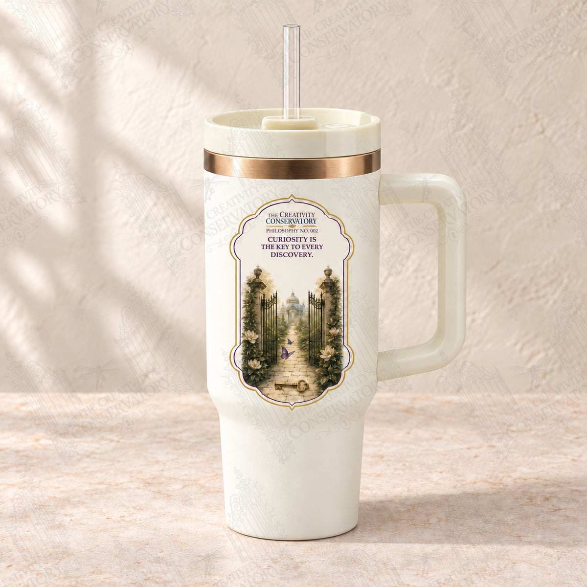 Curiosity Is the Key to Every Discovery tumbler with clear reusable straw; faint diagonal Wondergate watermark across the entire image