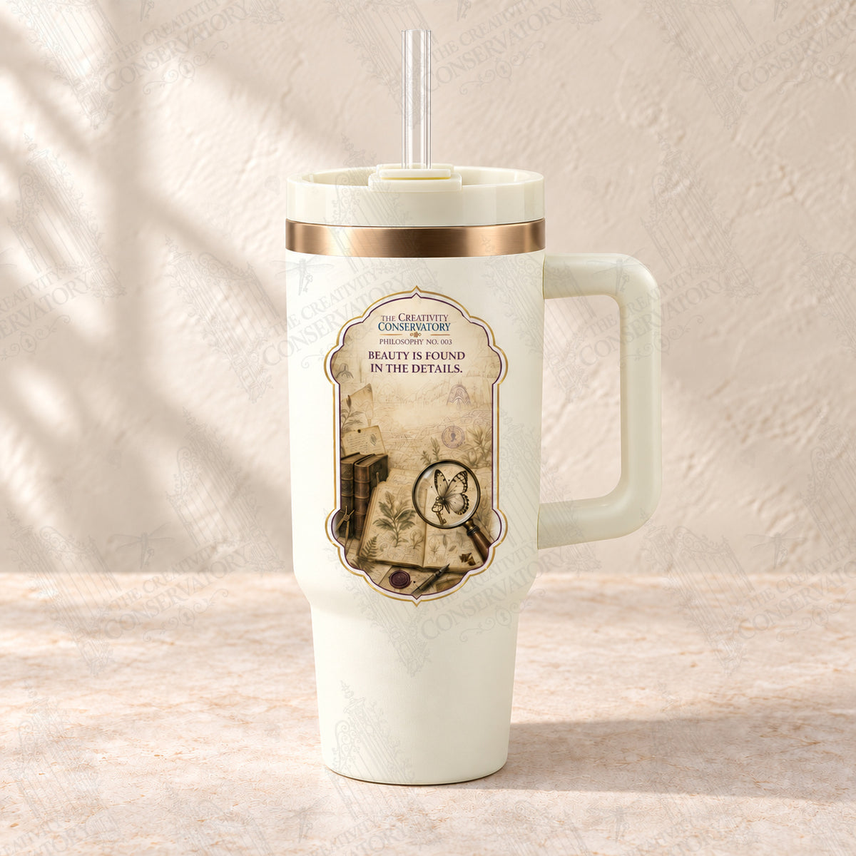 Beauty Is Found in the Details tumbler with clear reusable straw; faint diagonal Wondergate watermark across the entire image