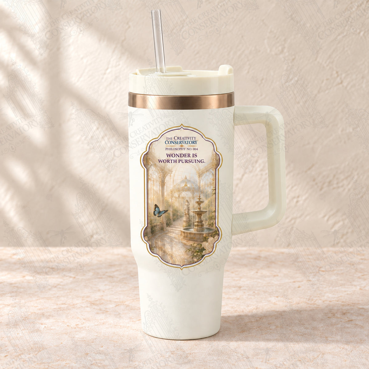 Wonder Is Worth Pursuing tumbler with clear reusable straw; faint diagonal Wondergate watermark across the entire image
