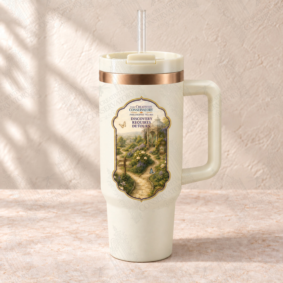 Discovery Requires Detours tumbler with clear reusable straw; faint diagonal Wondergate watermark across the entire image