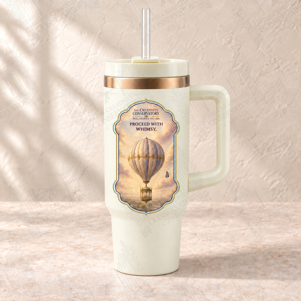Proceed With Whimsy tumbler with clear reusable straw; faint diagonal Wondergate watermark across the entire image