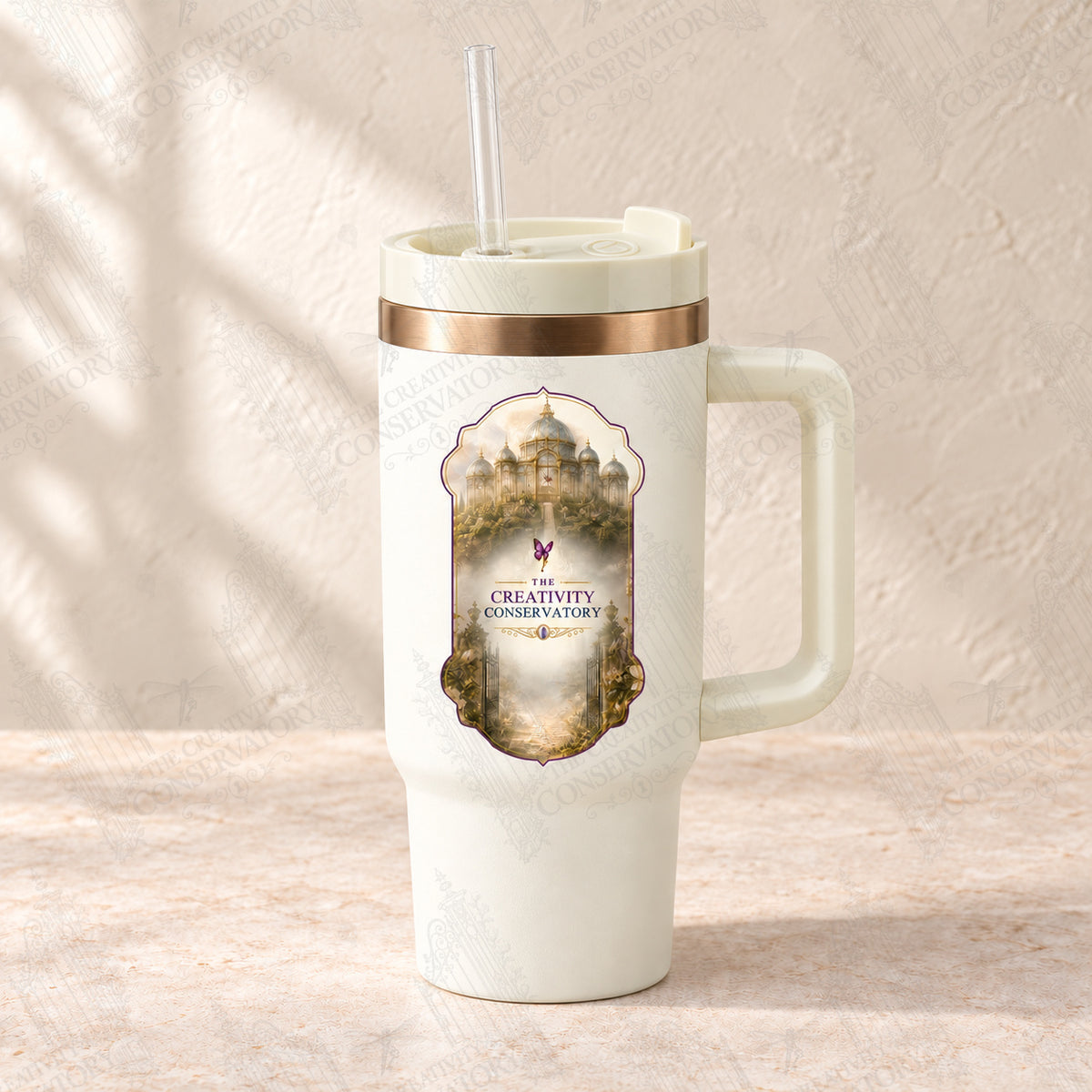 The Creativity Conservatory tumbler with clear reusable straw; faint diagonal Wondergate watermark across the entire image