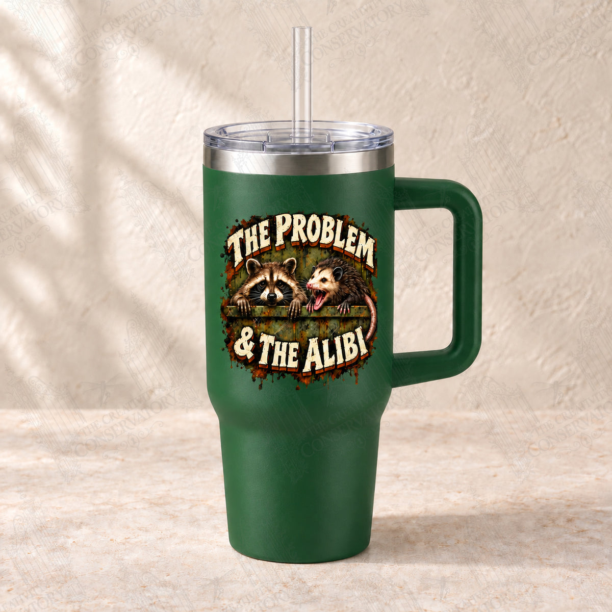 The Problem and the Alibi on hunter-green 30-ounce Big Swig with complete uncropped decal and clear reusable straw; faint diagonal Wondergate watermark across the entire image