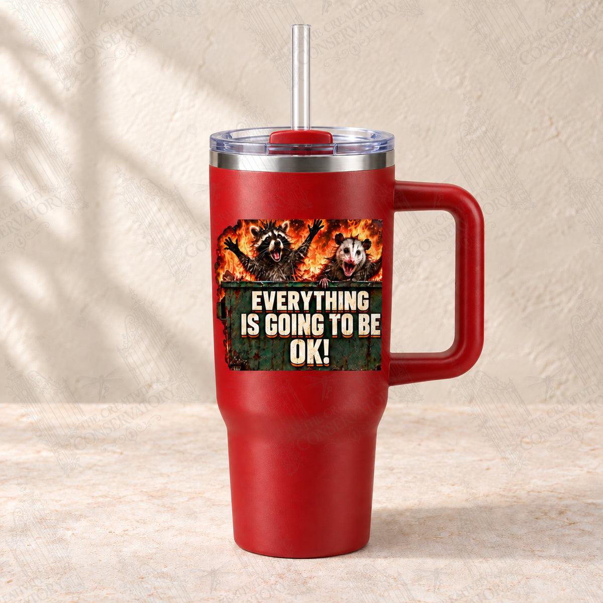 Everything Is Going to Be OK on red 30-ounce Big Swig with clear reusable straw; faint diagonal Wondergate watermark across the entire image