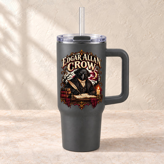 Edgar Allan Crow on charcoal-gray 30-ounce Big Swig with clear reusable straw; faint diagonal Wondergate watermark across the entire image