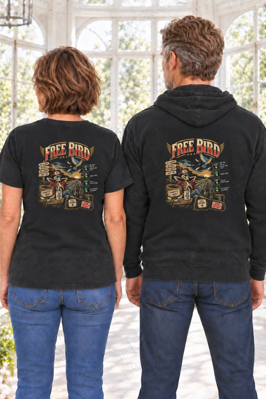 Free Bird — back print on approved middle-aged T-shirt and hoodie models; proportional 10-inch-wide artwork; faint diagonal Wondergate watermark across the entire image