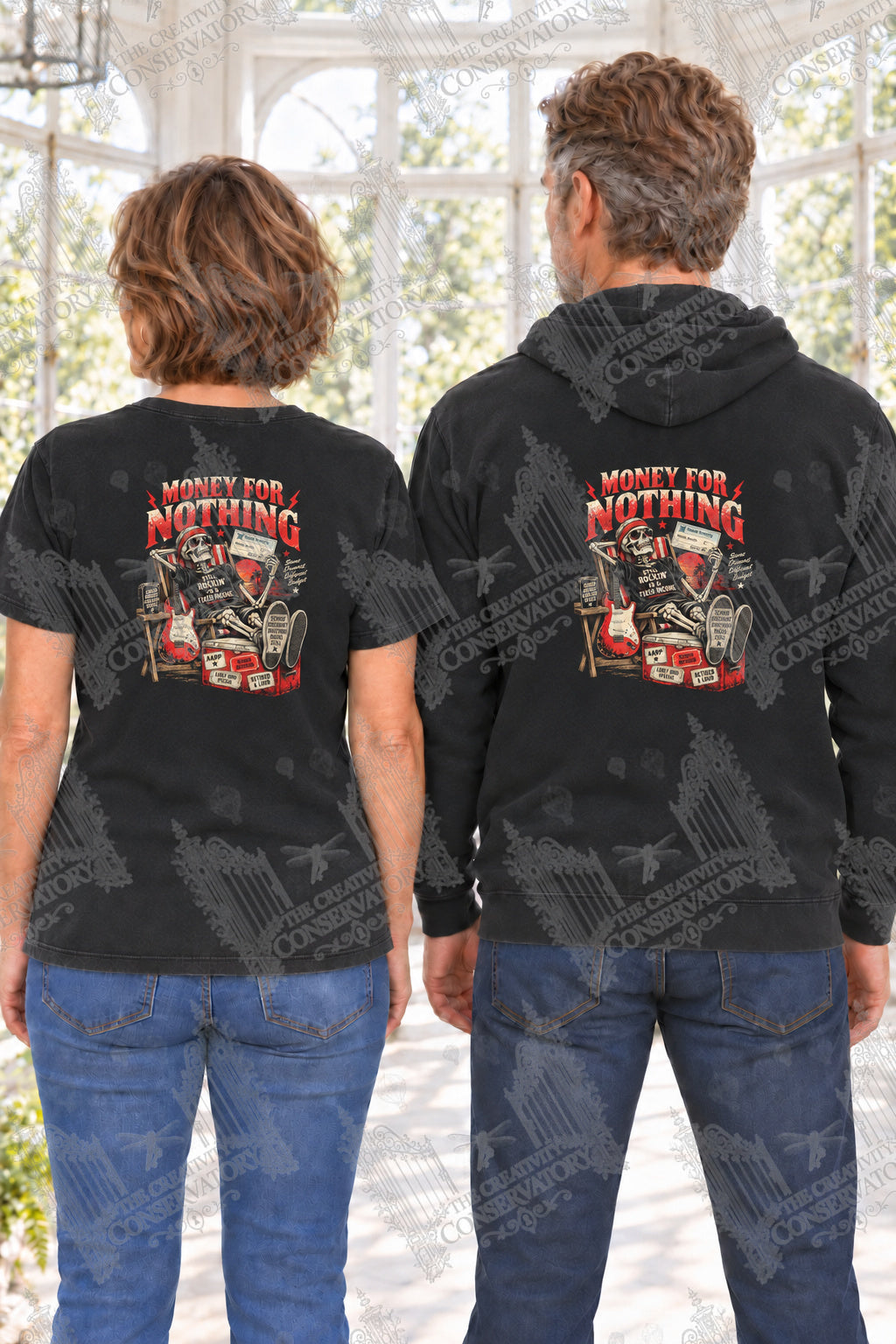 Money for Nothing — back print on approved middle-aged T-shirt and hoodie models; proportional 10-inch-wide artwork; faint diagonal Wondergate watermark across the entire image