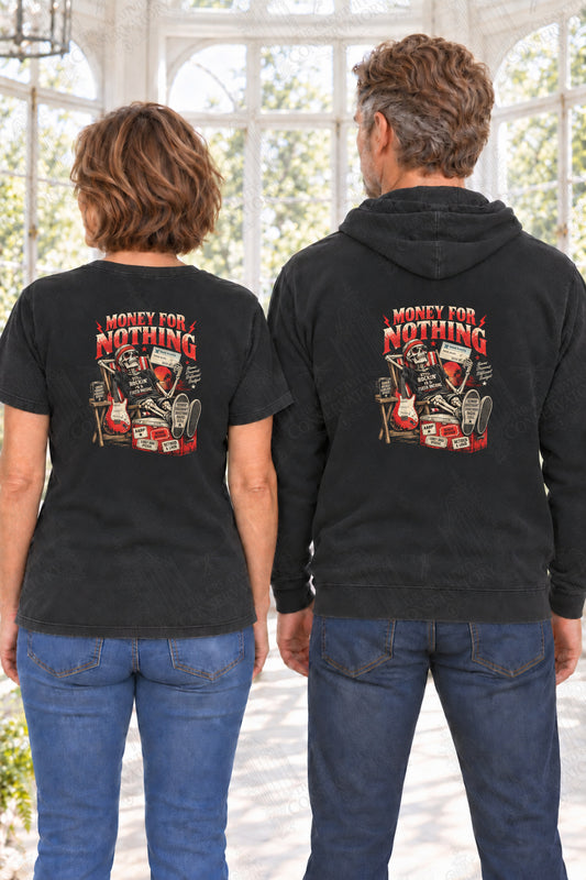 Money for Nothing — back print on approved middle-aged T-shirt and hoodie models; proportional 10-inch-wide artwork; faint diagonal Wondergate watermark across the entire image