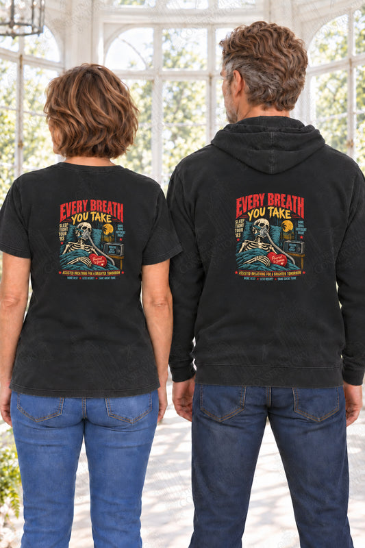 Every Breath You Take — back print on approved middle-aged T-shirt and hoodie models; proportional 10-inch-wide artwork; faint diagonal Wondergate watermark across the entire image