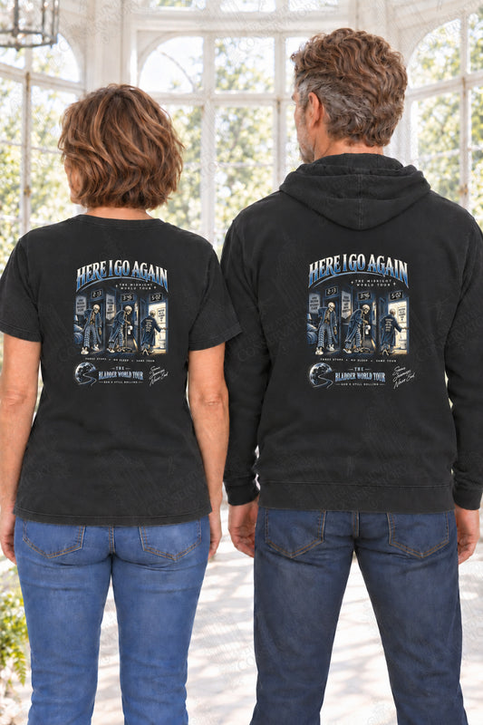 Here I Go Again — back print on approved middle-aged T-shirt and hoodie models; proportional 10-inch-wide artwork; faint diagonal Wondergate watermark across the entire image