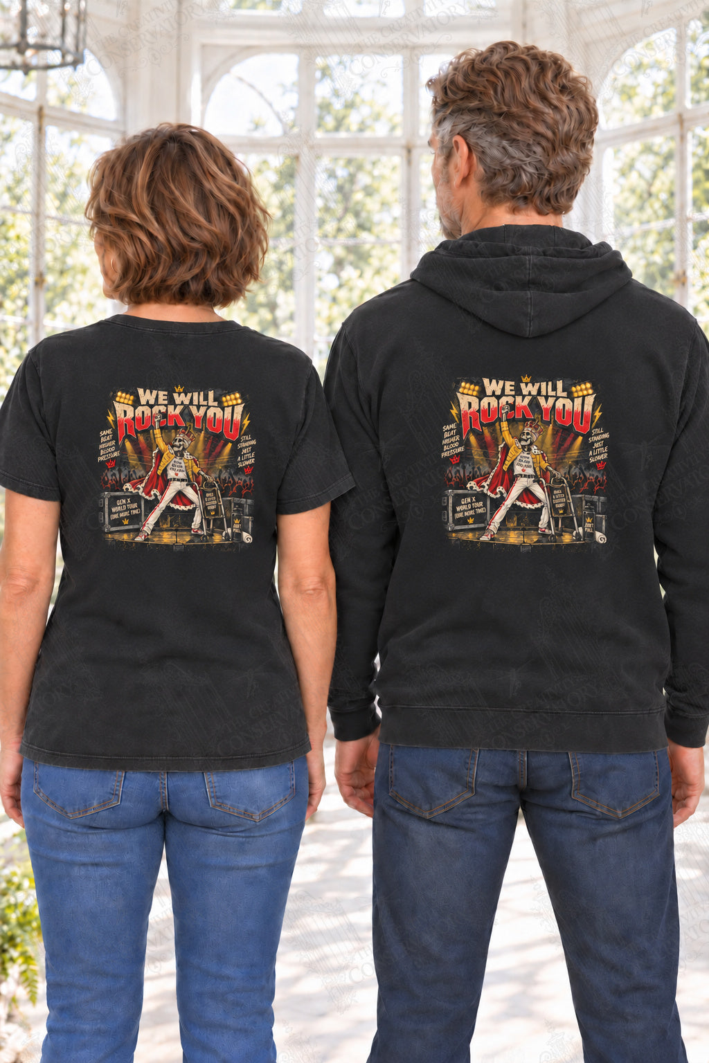 We Will Rock You — back print on approved middle-aged T-shirt and hoodie models; proportional 10-inch-wide artwork; faint diagonal Wondergate watermark across the entire image