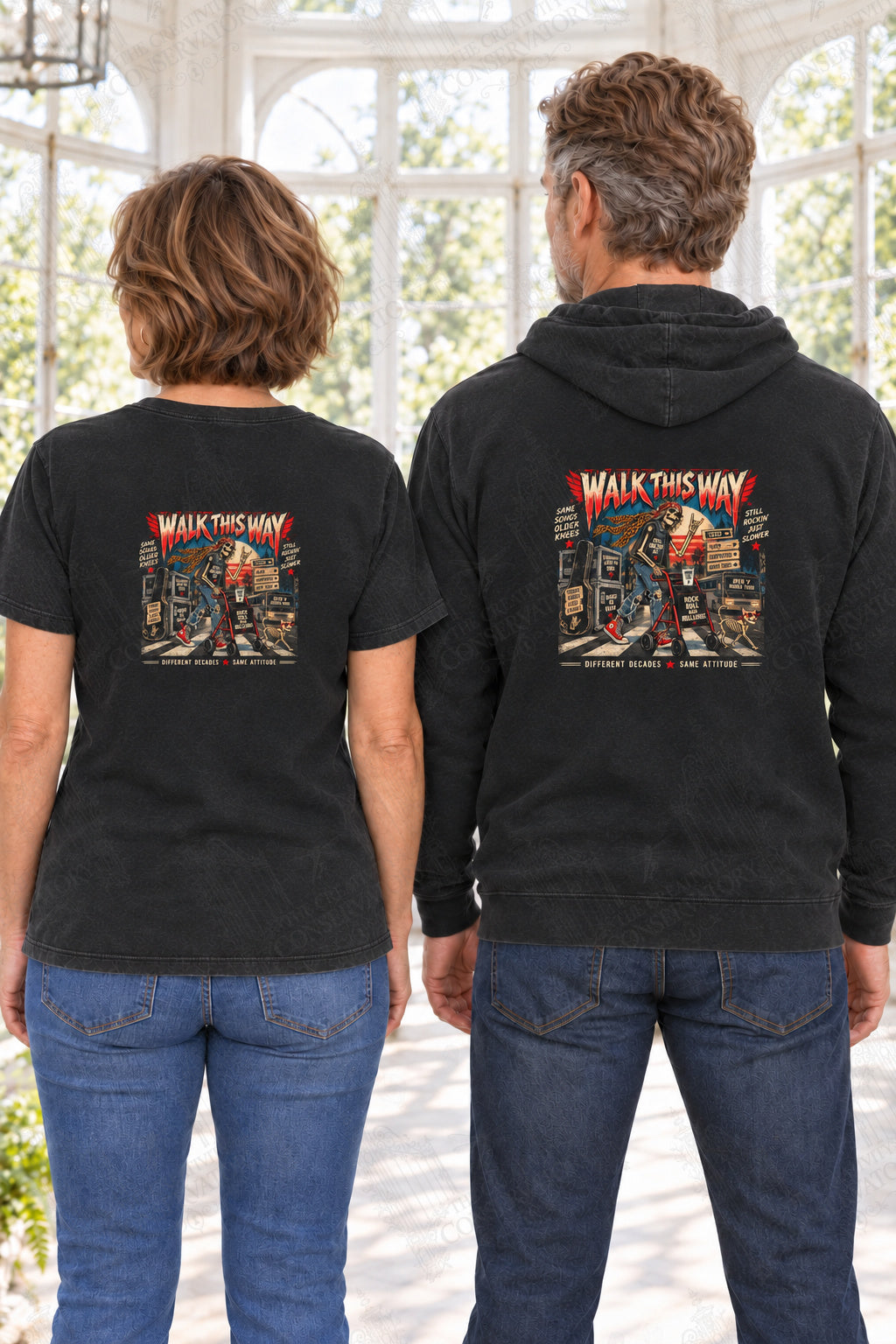 Walk This Way — back-print T-shirt and hoodie on approved middle-aged models; proportional 10-inch-wide artwork; faint diagonal Wondergate watermark across the entire image