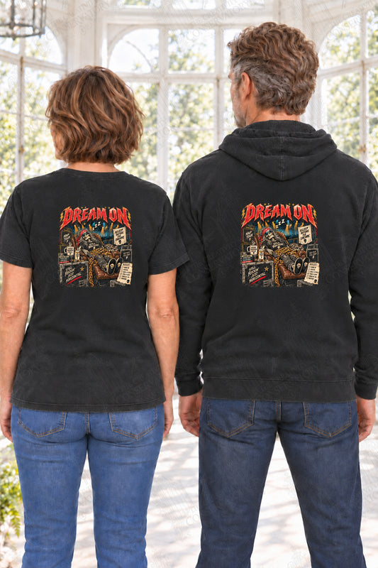 Dream On — back print on approved middle-aged T-shirt and hoodie models; proportional 10-inch-wide artwork; faint diagonal Wondergate watermark across the entire image
