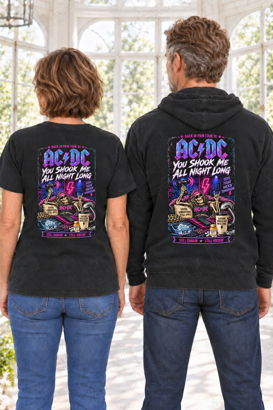 You Shook Me All Night Long — back print on approved middle-aged T-shirt and hoodie models; proportional 10-inch-wide artwork; faint diagonal Wondergate watermark across the entire image
