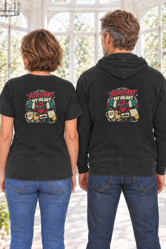 Kickstart My Heart — back print on approved middle-aged T-shirt and hoodie models; proportional 10-inch-wide artwork; faint diagonal Wondergate watermark across the entire image