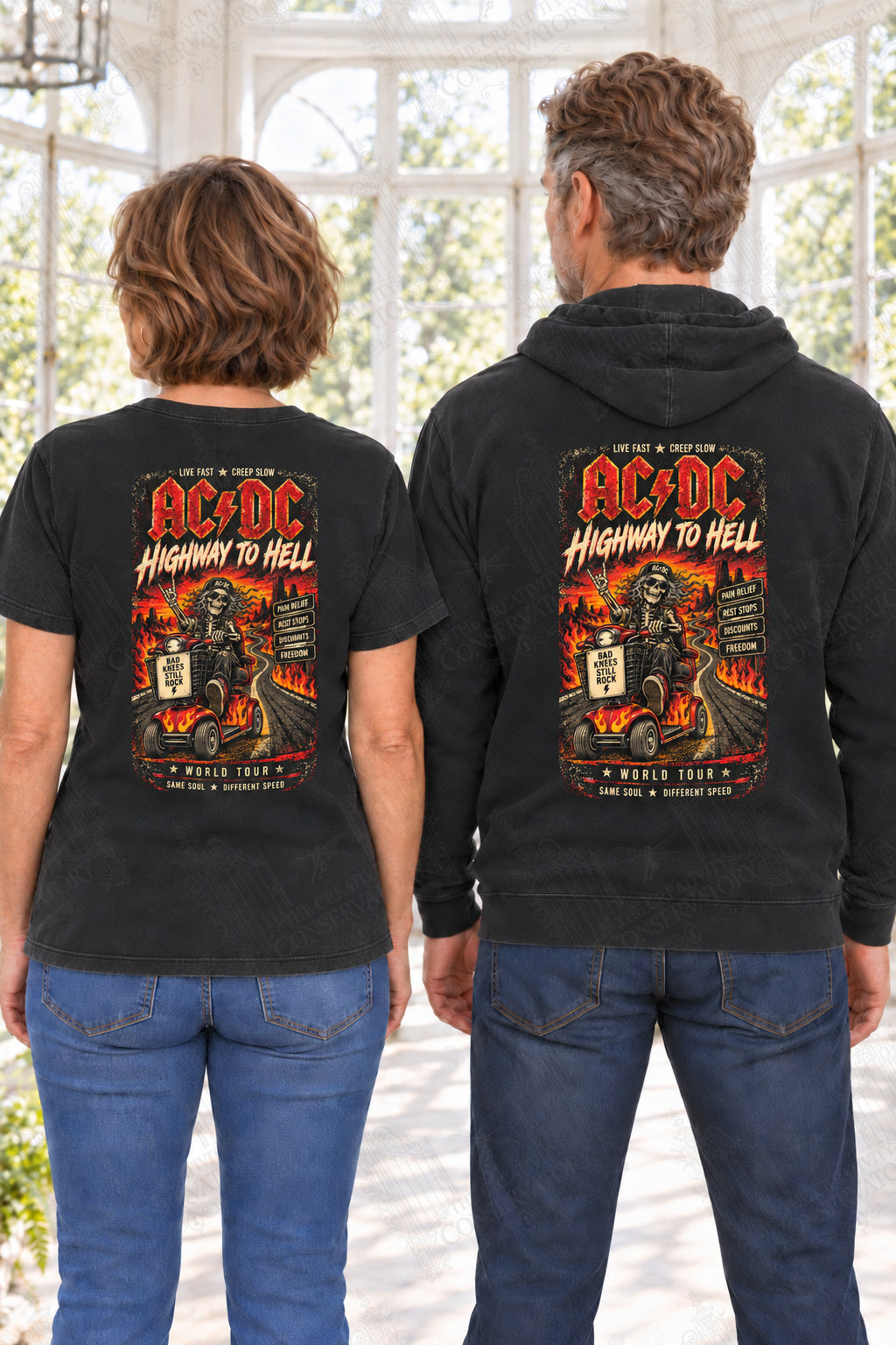 Highway to Hell — back print on approved middle-aged T-shirt and hoodie models; proportional 10-inch-wide artwork; faint diagonal Wondergate watermark across the entire image