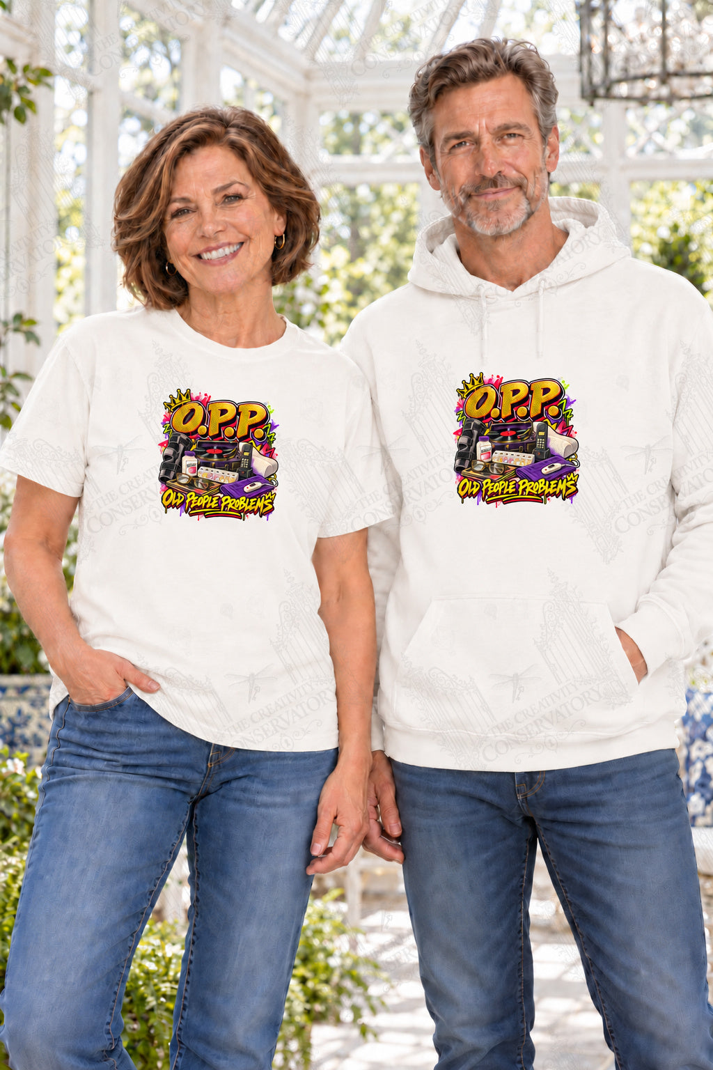 O.P.P.—Old People Problems — front print on approved middle-aged T-shirt and hoodie models; proportional 10-inch-wide artwork; faint diagonal Wondergate watermark across the entire image