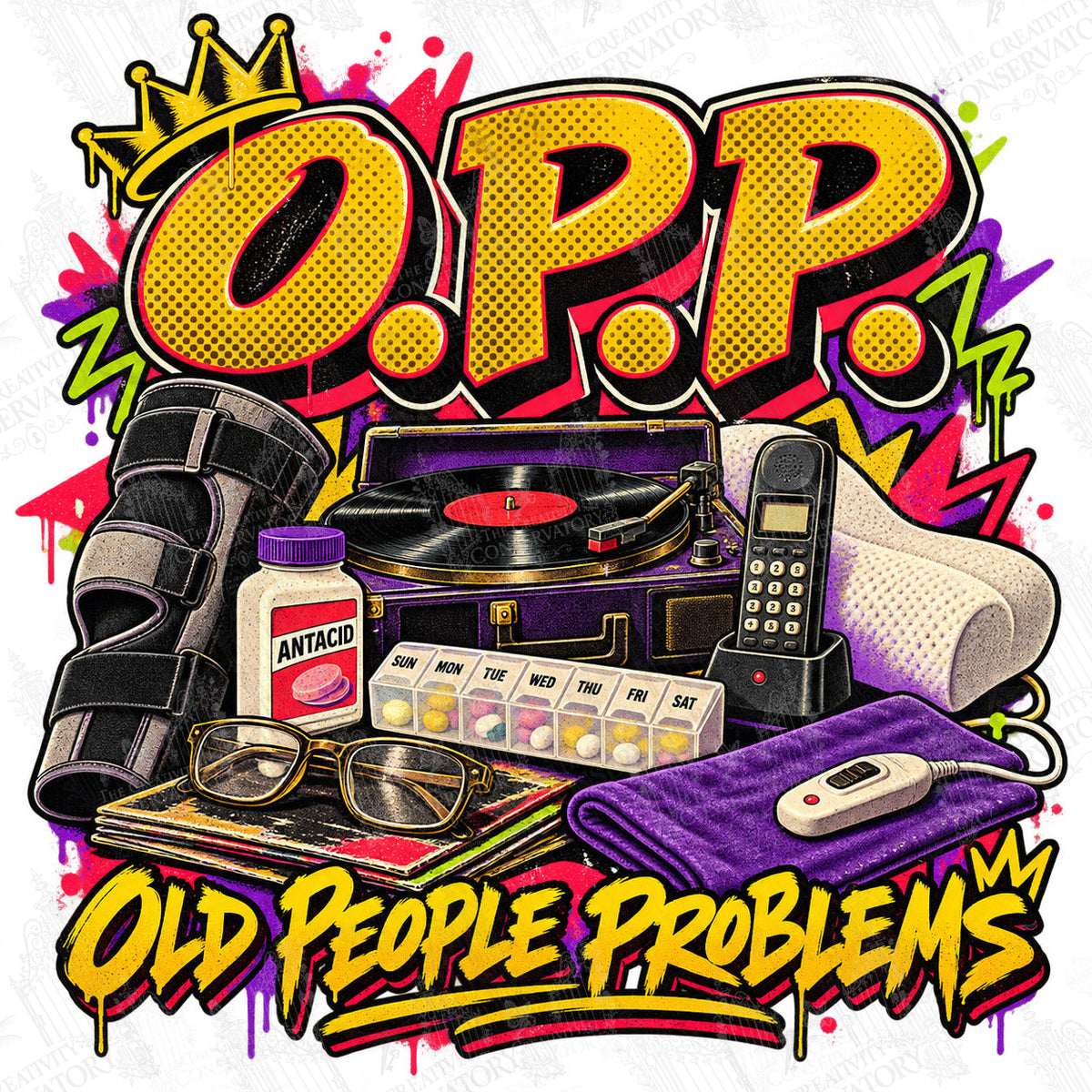 O.P.P.—Old People Problems artwork with Wondergate watermark; faint diagonal Wondergate watermark across the entire image
