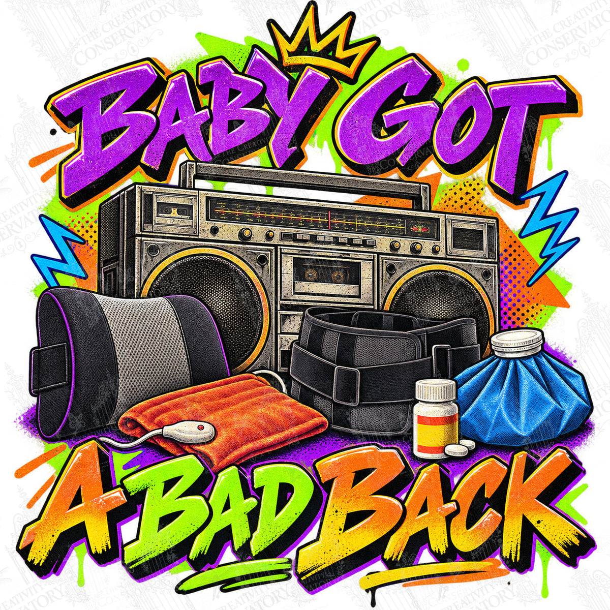 Baby Got a Bad Back artwork with Wondergate watermark; faint diagonal Wondergate watermark across the entire image