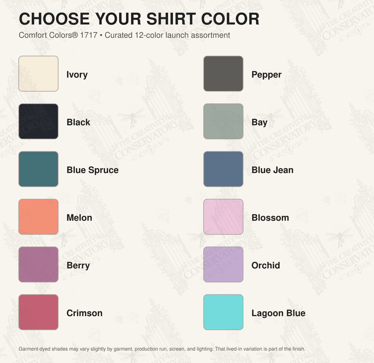 Comfort Colors 1717 T-shirt color choices; faint diagonal Wondergate watermark across the entire image