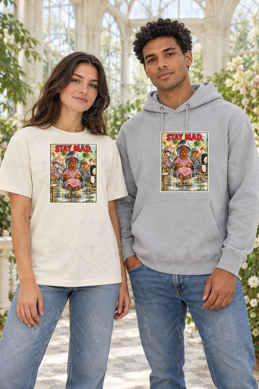 Stay Mad front-print Comfort Colors T-shirt and hoodie mockup with Wondergate watermark; faint diagonal Wondergate watermark across the entire image