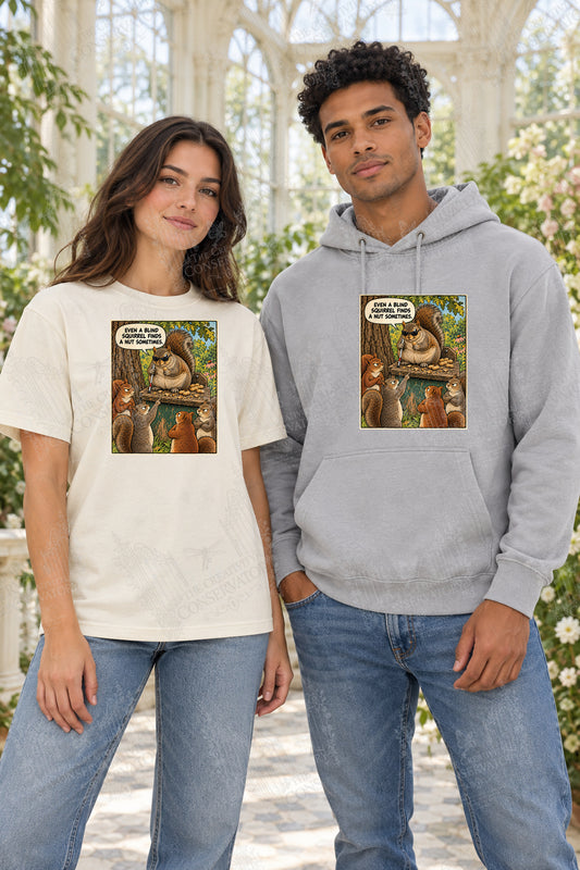 Blind Squirrel front-print Comfort Colors T-shirt and hoodie mockup with Wondergate watermark; faint diagonal Wondergate watermark across the entire image