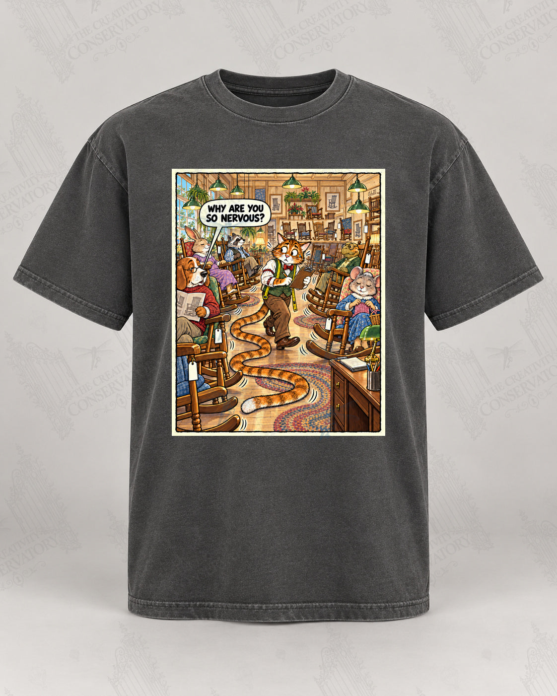 Long-Tailed Cat front-print Comfort Colors T-shirt mockup with Wondergate watermark; faint diagonal Wondergate watermark across the entire image