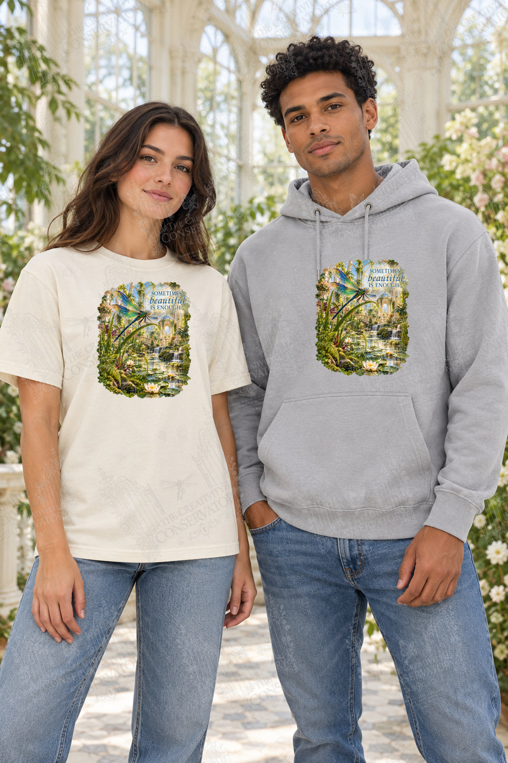 Sometimes Beautiful Is Enough front-print Comfort Colors T-shirt and hoodie mockup with Wondergate watermark; faint diagonal Wondergate watermark across the entire image