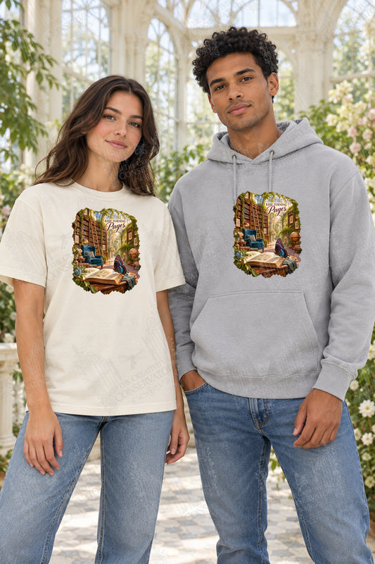 Keep Turning Pages front-print Comfort Colors T-shirt and hoodie mockup with Wondergate watermark; faint diagonal Wondergate watermark across the entire image