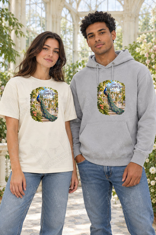 Take Up Beautiful Space front-print Comfort Colors T-shirt and hoodie mockup with Wondergate watermark; faint diagonal Wondergate watermark across the entire image