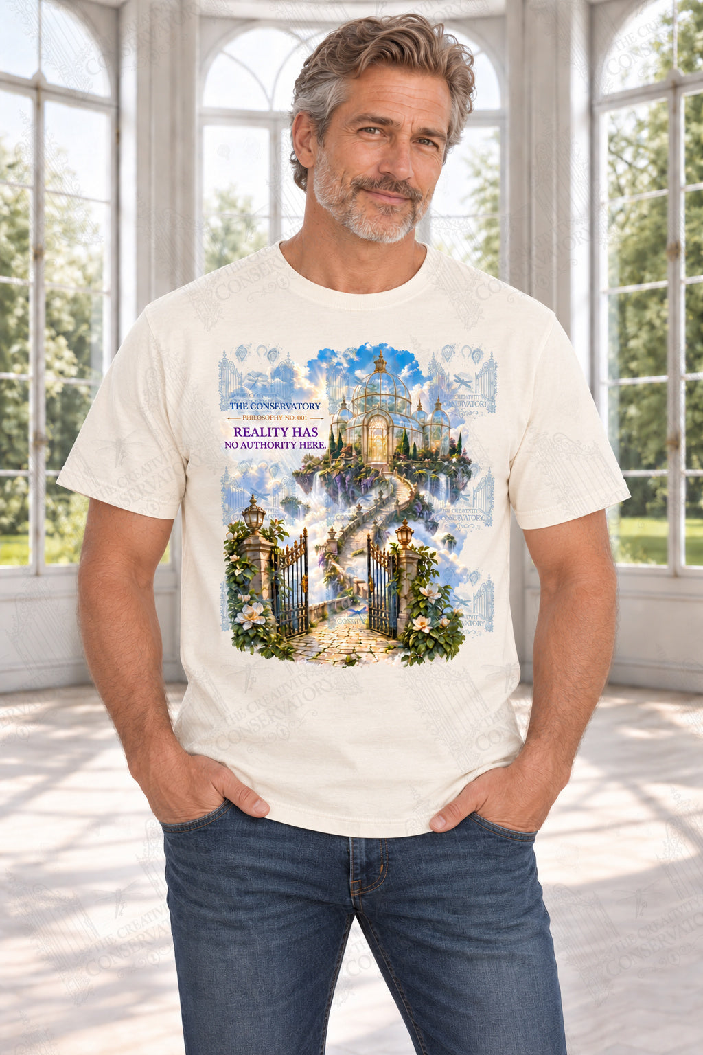 Reality Has No Authority Here — mature model, approximately 10-inch portrait artwork on front; faint diagonal Wondergate watermark across the entire image