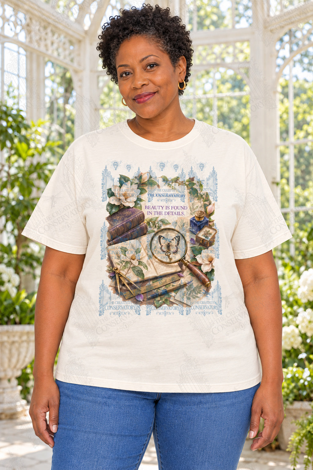 Beauty Is Found in the Details — mature model, approximately 10-inch portrait artwork on front; faint diagonal Wondergate watermark across the entire image