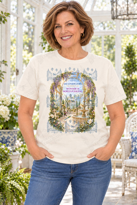 Wonder Is Worth Pursuing — mature model, approximately 10-inch portrait artwork on front; faint diagonal Wondergate watermark across the entire image
