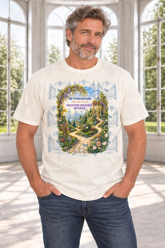 Discovery Requires Detours — mature model, approximately 10-inch portrait artwork on front; faint diagonal Wondergate watermark across the entire image