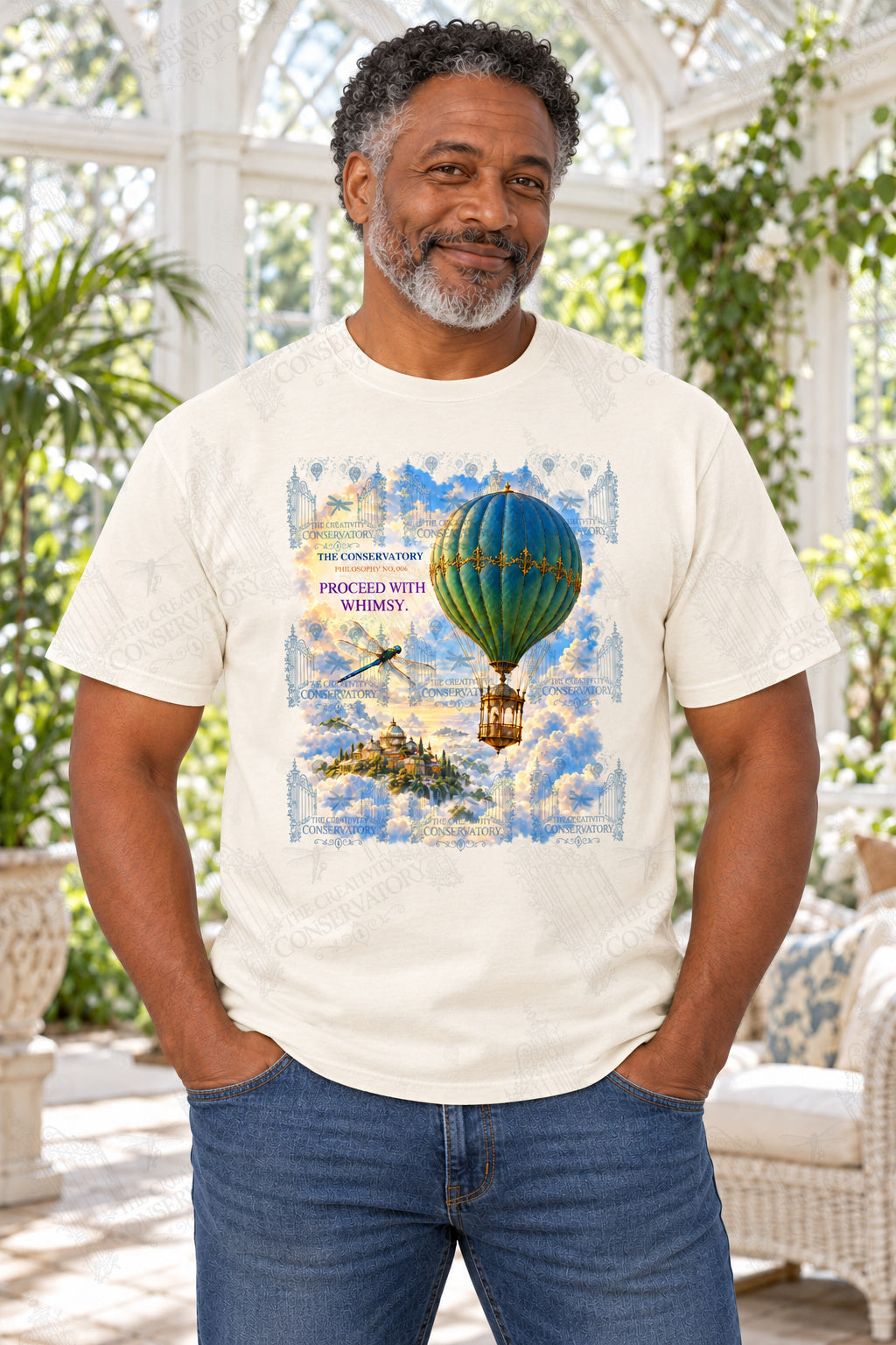 Proceed With Whimsy — mature model, approximately 10-inch portrait artwork on front; faint diagonal Wondergate watermark across the entire image