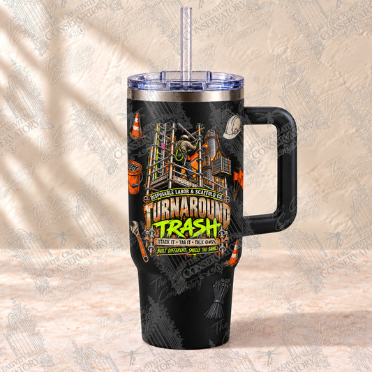Turnaround Trash construction design on a black 30 oz HOGG Big Swig tumbler; visible repeating Wondergate watermark across the entire photograph