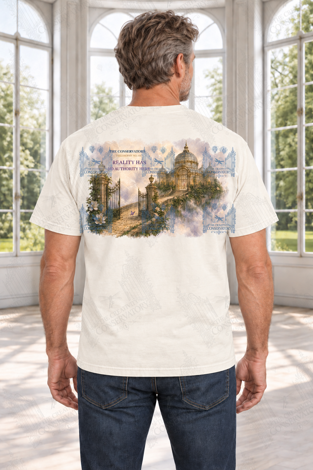 Mature white man modeling the Philosophy Landscapes with Pocket Motifs Reality design on the back; faint diagonal Wondergate watermark across the entire image
