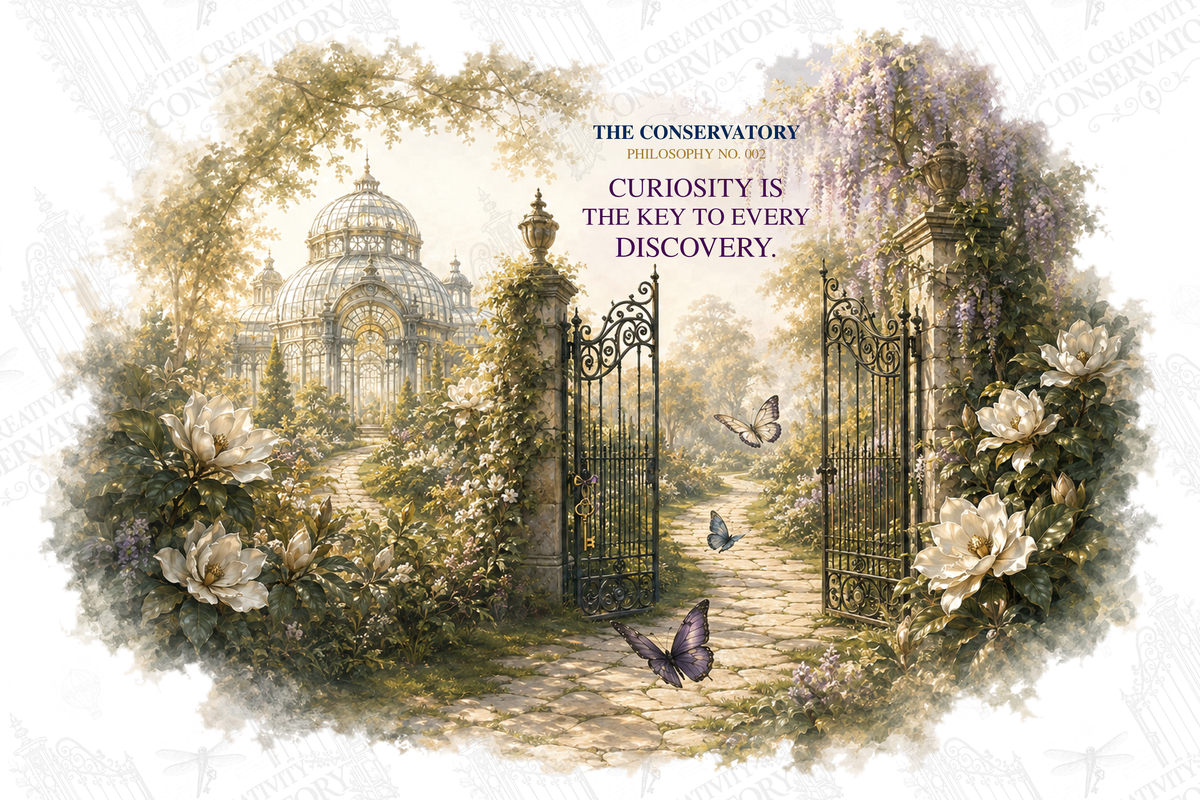 Curiosity Is the Key to Every Discovery — Philosophy No. 002 apparel artwork; faint diagonal Wondergate watermark across the entire image