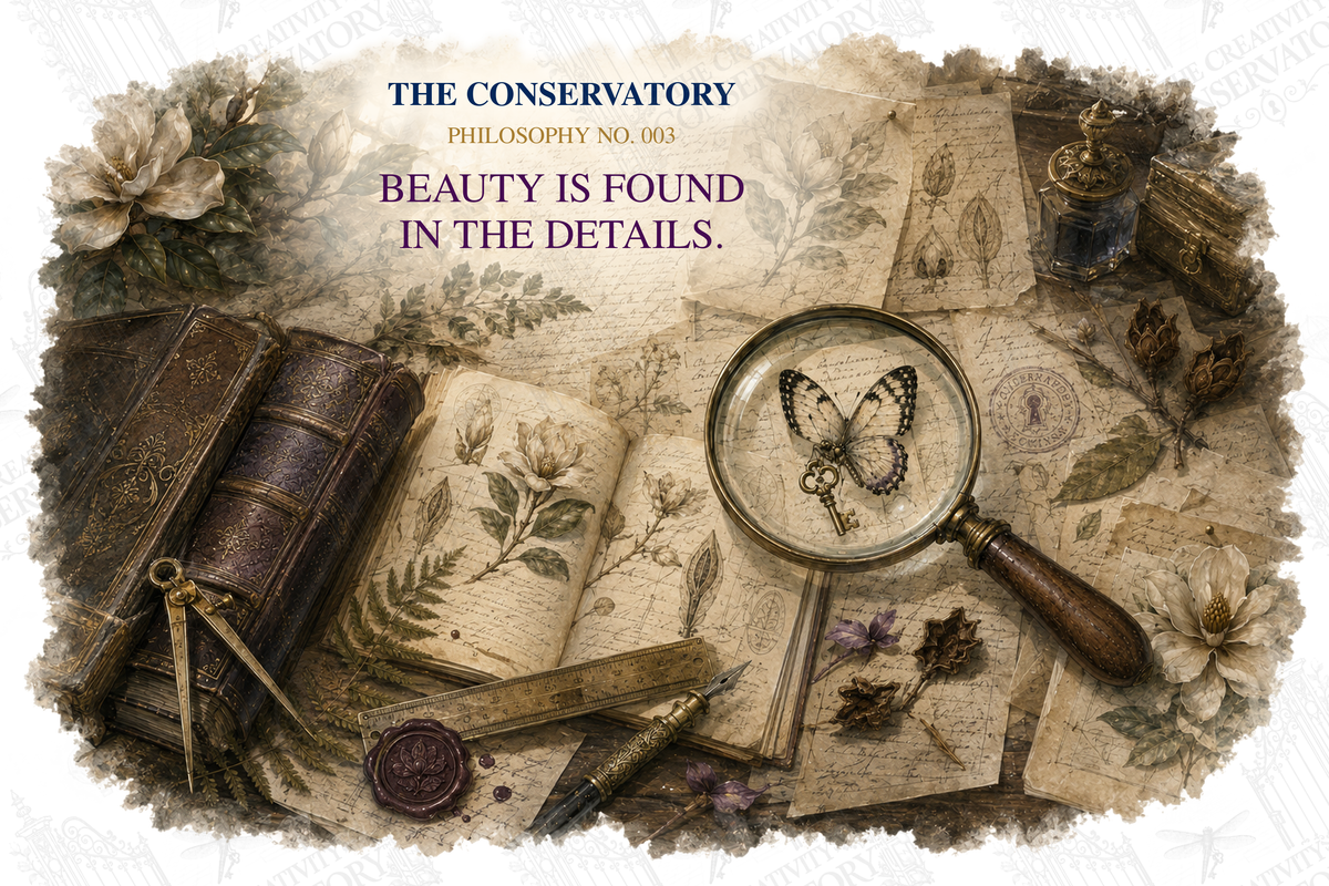 Beauty Is Found in the Details — Philosophy No. 003 apparel artwork; faint diagonal Wondergate watermark across the entire image