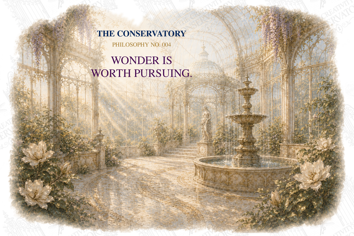 Wonder Is Worth Pursuing — Philosophy No. 004 apparel artwork; faint diagonal Wondergate watermark across the entire image
