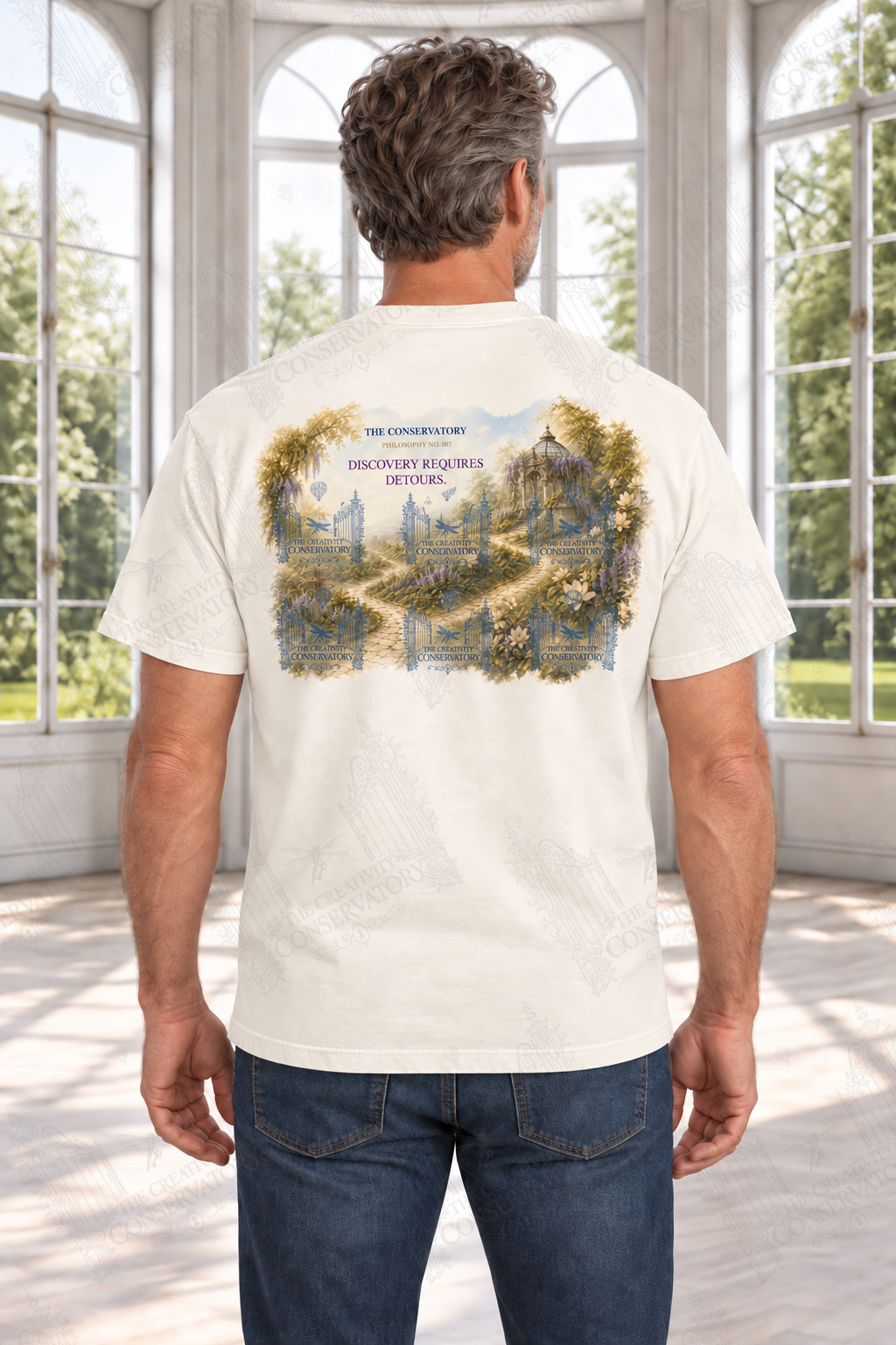 Mature white man modeling the Philosophy Landscapes with Pocket Motifs Discovery design on the back; faint diagonal Wondergate watermark across the entire image