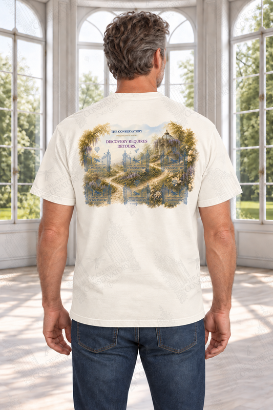 Mature white man modeling the Philosophy Landscapes with Pocket Motifs Discovery design on the back; faint diagonal Wondergate watermark across the entire image