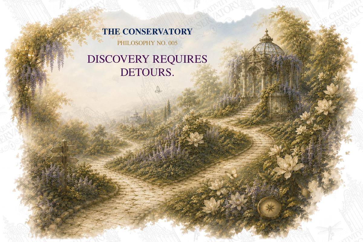 Discovery Requires Detours — Philosophy No. 005 apparel artwork; faint diagonal Wondergate watermark across the entire image