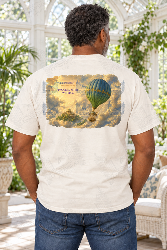 Mature Black man modeling the Philosophy Landscapes with Pocket Motifs Proceed design on the back; faint diagonal Wondergate watermark across the entire image